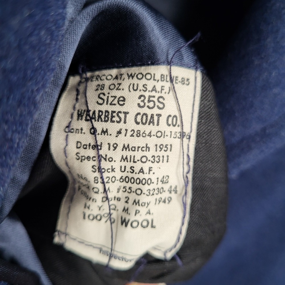 VINTAGE 1951 Wearbest Coat Co Wool Overcoat Blue 85 28oz USAF Size 35S MENS SMAL - Picture 12 of 16